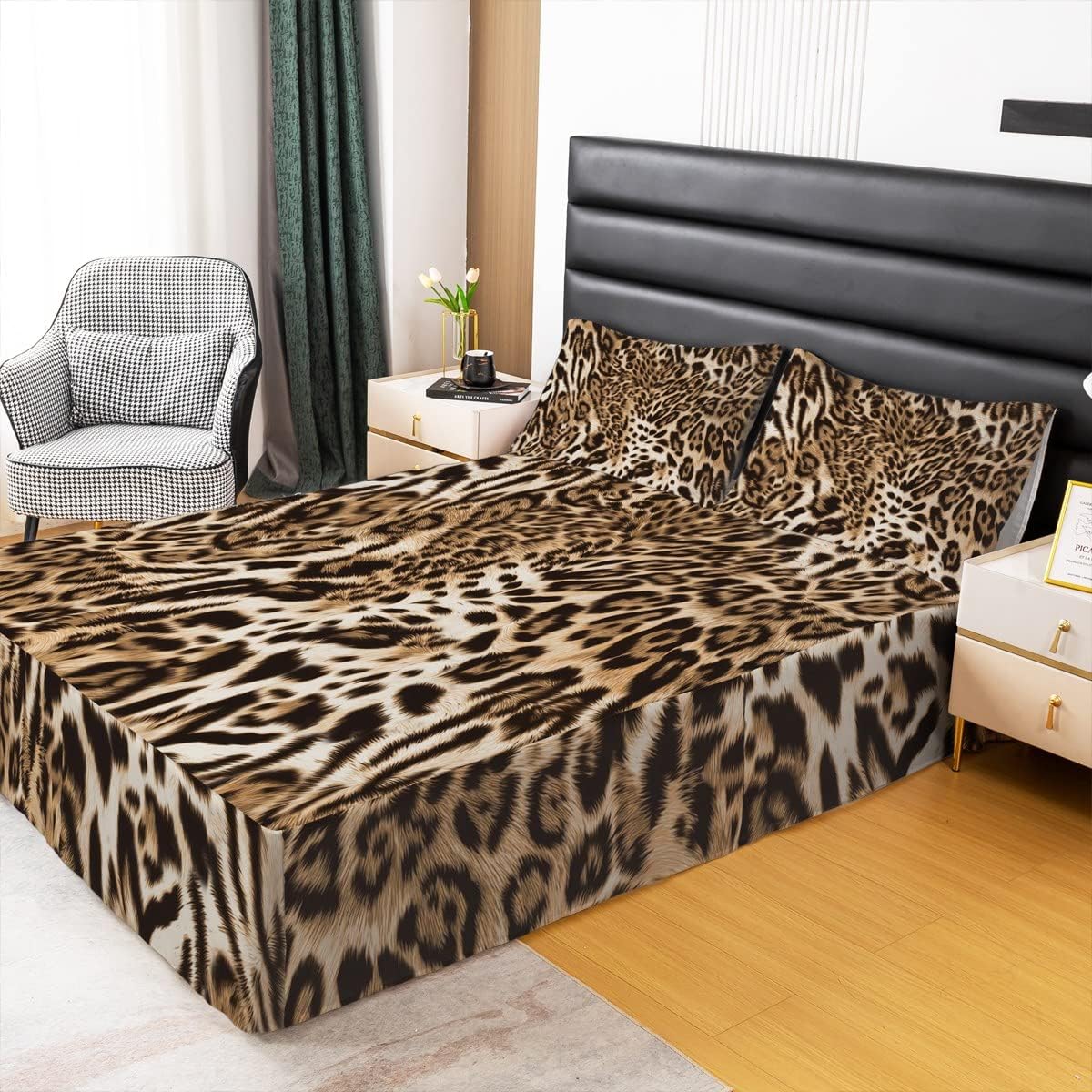 Leopard King Size Bed Skirt, Cheetah Print 15 Inch Drop Brushed Microfiber Bed Skirts for Kids Boys Girls Room, Leopard Fur Print Dust Ruffle Pleated Bedskirt Teens Bedding Decor, Brown