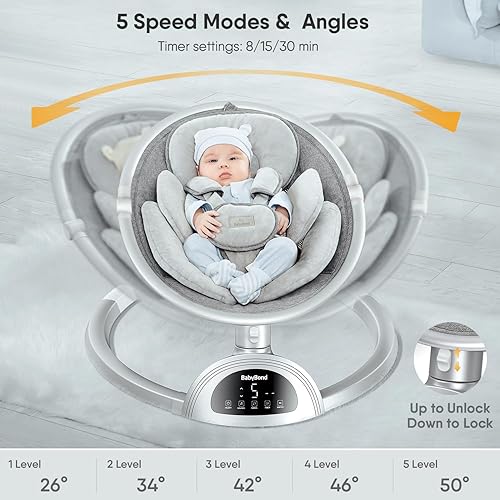 Miniatura 3 de BabyBond Columpios de bebé para bebés, columpio infantil Bluetooth con altavoz de música, 3 posiciones de asiento, cinturón de arnés de 5 puntos, 5