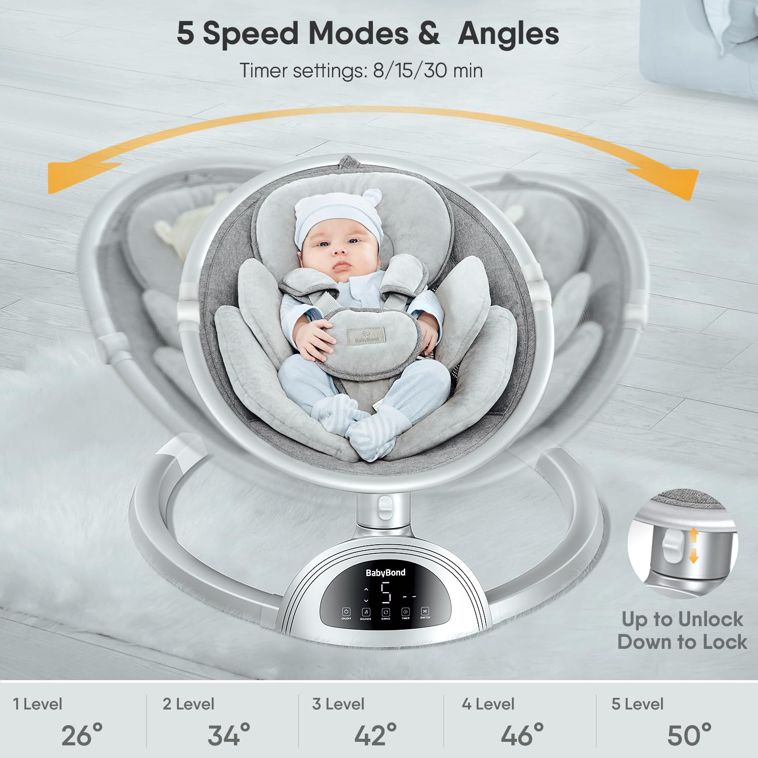 Baby in swing demonstrating 5 speed modes and angles