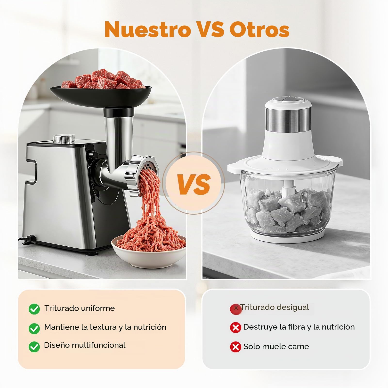 Picadora de carne eléctrica 2800W, 5 en 1: cortador verduras, rallador queso, embutidor y juego albóndigas. Máquina de cocina para picar, cortar y rallar.
