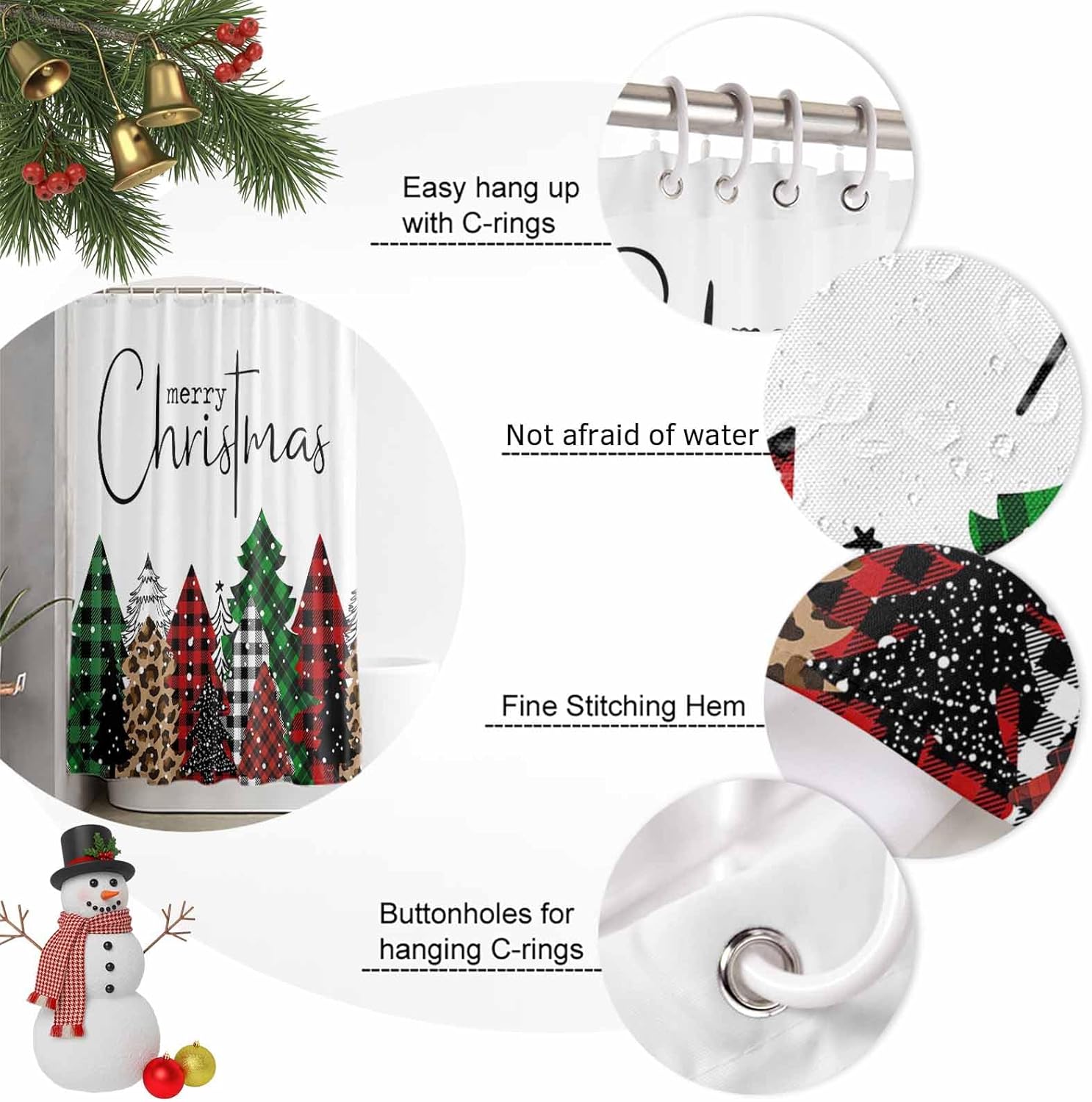 Shower Curtain Bathroom Set Christmas Tree Classic Tartan Waterproof Shower Curtains with Grommets Hooks Red Black Farmhouse Buffalo Plaid Privacy Bath Curtain for Bathtub Decor 72x78in