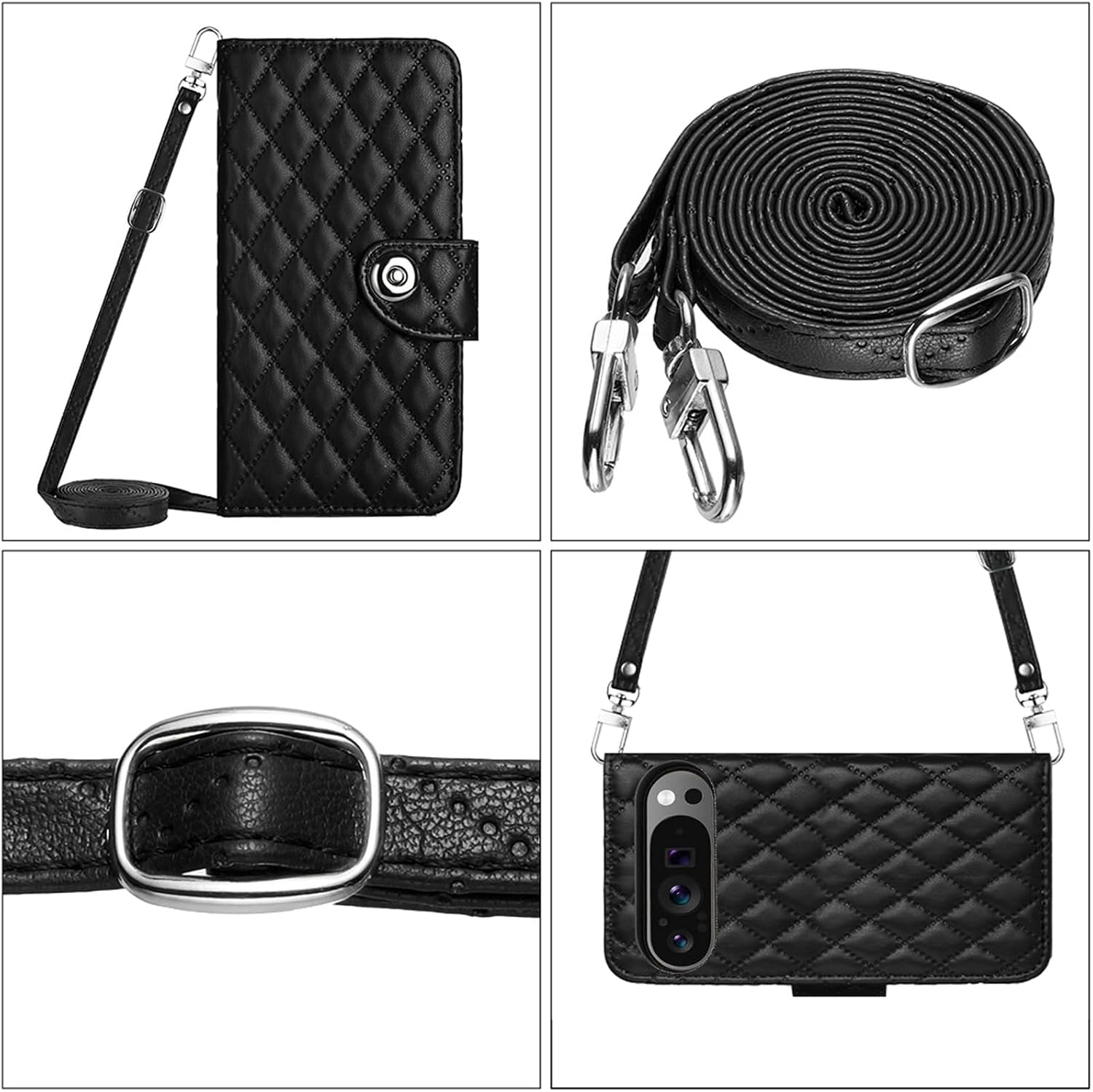 Wallet Case for Google Pixel 9 Pro XL/10 Pro XL with Wrist Shoulder Strap, Argyle Pattern PU Leather Flip Card Holder Cell Phone Cover for Pixel9 9Pro Nine Pixel10 10Pro LX Girls Women Black