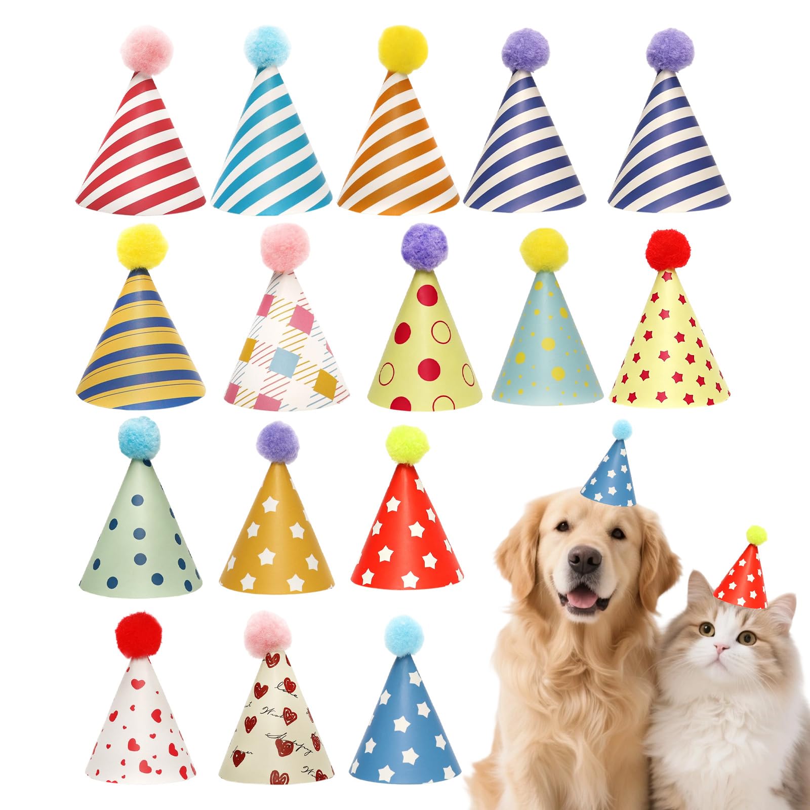 Thhiit 16 Pcs Party Hats for Kids, Adjustable Colorful Dog Mini Small Cone Hat with Pom Poms for Birthdays and Celebrations