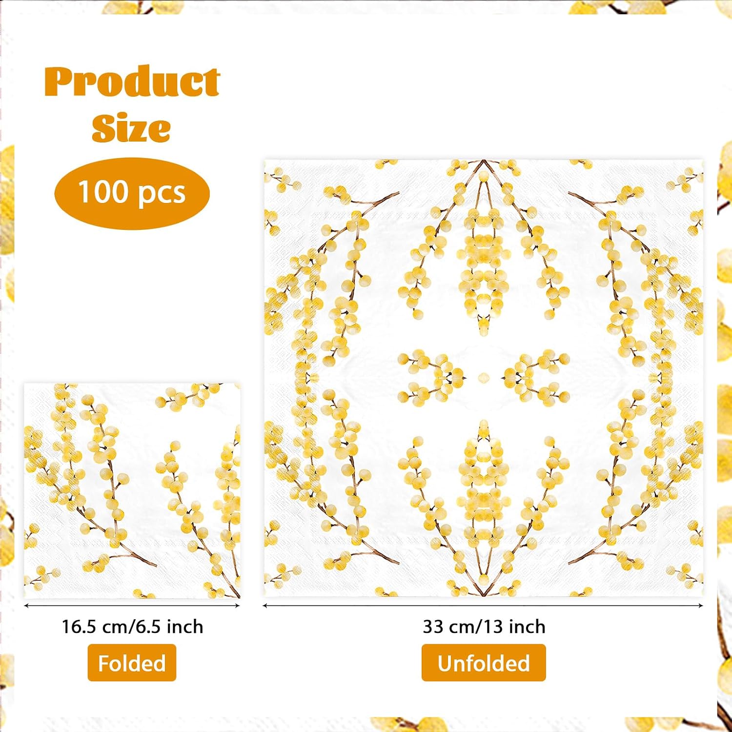 100 Pcs Spring Paper Napkins 3-ply 6.5'' x 6.5" White and Gold Berry Branches Dinner Size Napkins Berries Branch Square Beverage Napkins for for Spring Holiday Wedding Party Kitchen Supplies