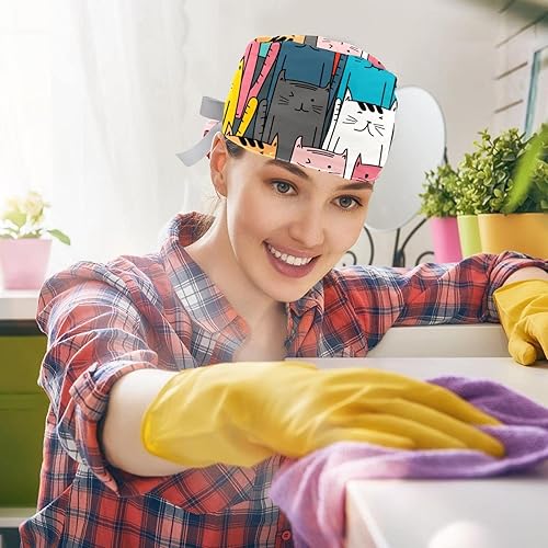 Vista 5 de Gorras de trabajo con patrón de cabezas de gato de dibujos animados con botones, sombreros de pelo largo para cola de caballo para mujeres