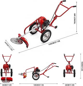 Walk Behind Weed Wacker, 2 Stroke 49 CC Gasoline Push Weed Eater | 6500-7000R/Min Walk Behind String Trimmer with 0.95L Fuel Tank, Foldable Rear Wheel for Mountains, Hills, Plains, Orchards