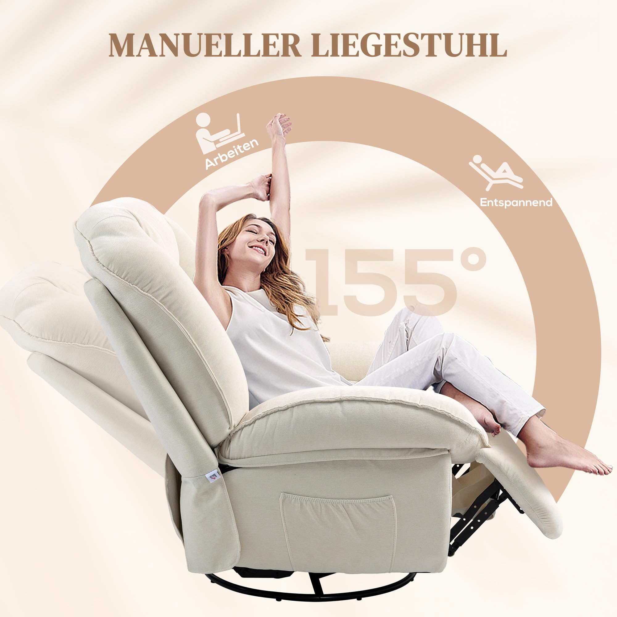 HOMCOM Relaxsessel, Fernsehsessel mit Liegefunktion, bis 150kg, Creme