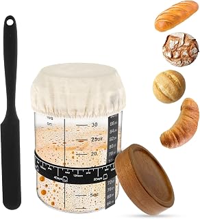 1000ml Sourdough Starter Jar Kit Heat Resistant Sourdough Starter Container with Wooden Lid Reusable Wide Mouth Glass Jar for Sourdough Bread Baking (1000ml 1pack)