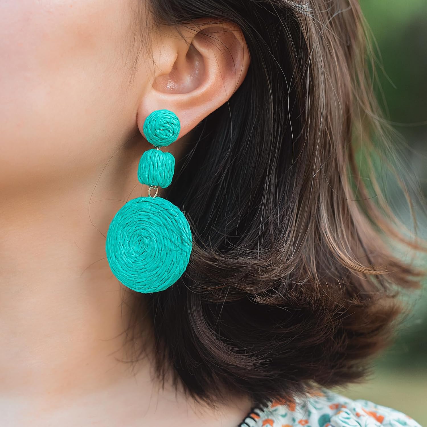 Statement Raffia Boho Round Dangle Ball Earrings - Cute Handmade Summer Bohemian Dangling Jewelry for Women - Image 2