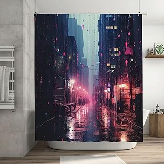 Pink City Shower Curtain for Bathroom, Cyberpunk Rainwater Fog Boho Shower Curtain Set, Abstract Fabric Modern Waterproof Bathroom Decor with 12 Hooks 72x72in YLATY6641