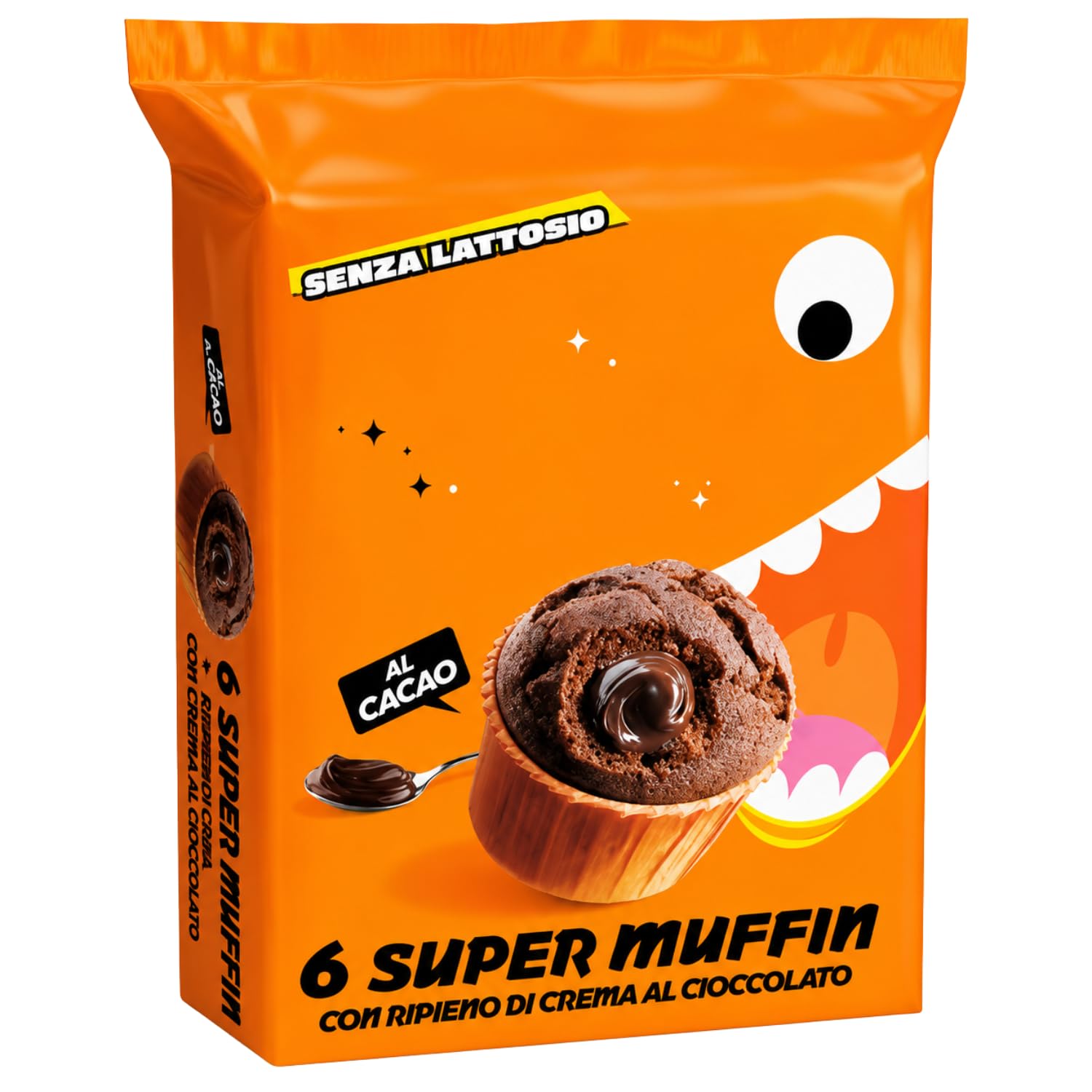 Super Muffin al Cacao con Ripieno di Crema al Cioccolato Senza Lattosio, 300 g, 6 Muffin Soffici Ideali per Colazione e Merenda, Confezione Multipla da 4/8/12 Pezzi (12 PEZZI)
