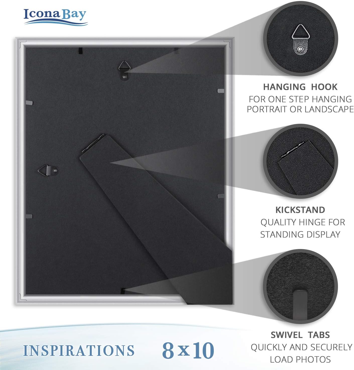 Icona Bay - Combination Silver Picture Frames Set - 10 PC - Five 4x6, Three 5x7, Two 8x10 - Inspirations Collection Multi-Pack for Contemporary Wall Gallery