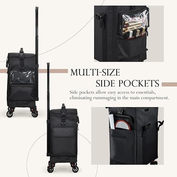 Valise Maquillage Roulante 4 en 1 Valise Coiffure Professionnel Malette Maquillage en Tissu Oxford Valise Onglerie Souple avec Roues Trolley Esthetique avec 3 tiroirs, Noir - 5