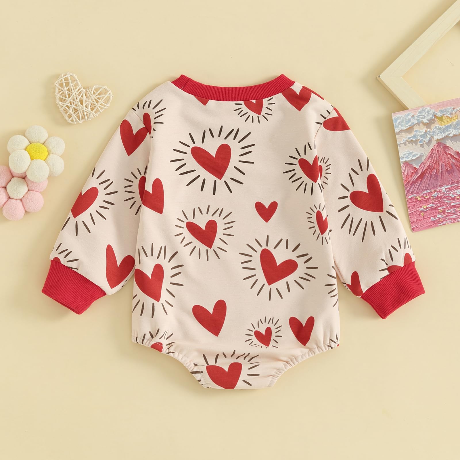 Daddys Valentine Baby Girl Outfit Bubble Romper Long Sleeve Oversize Love Heart Sweatshirt (Khaki,0-3 Months)
