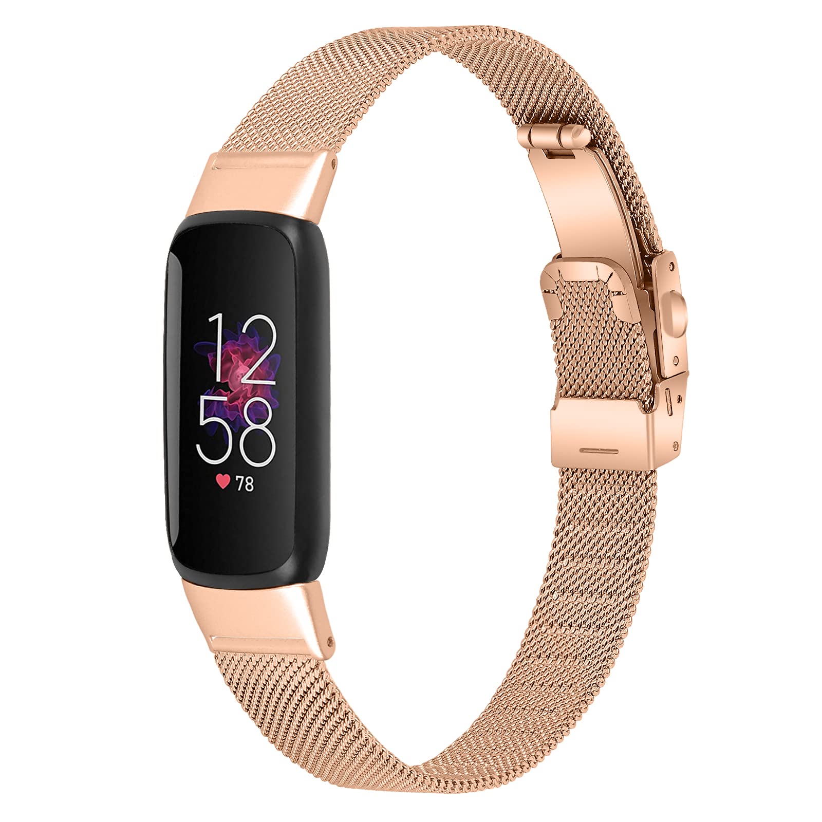 KangPlus Strap Compatible with Fitbit Luxe,Fashion Classic Metal Stainless Steel Wristband Business Replacement Bracelet Adjustable 5.5-8.1 inch for Women Men - Rose Gold