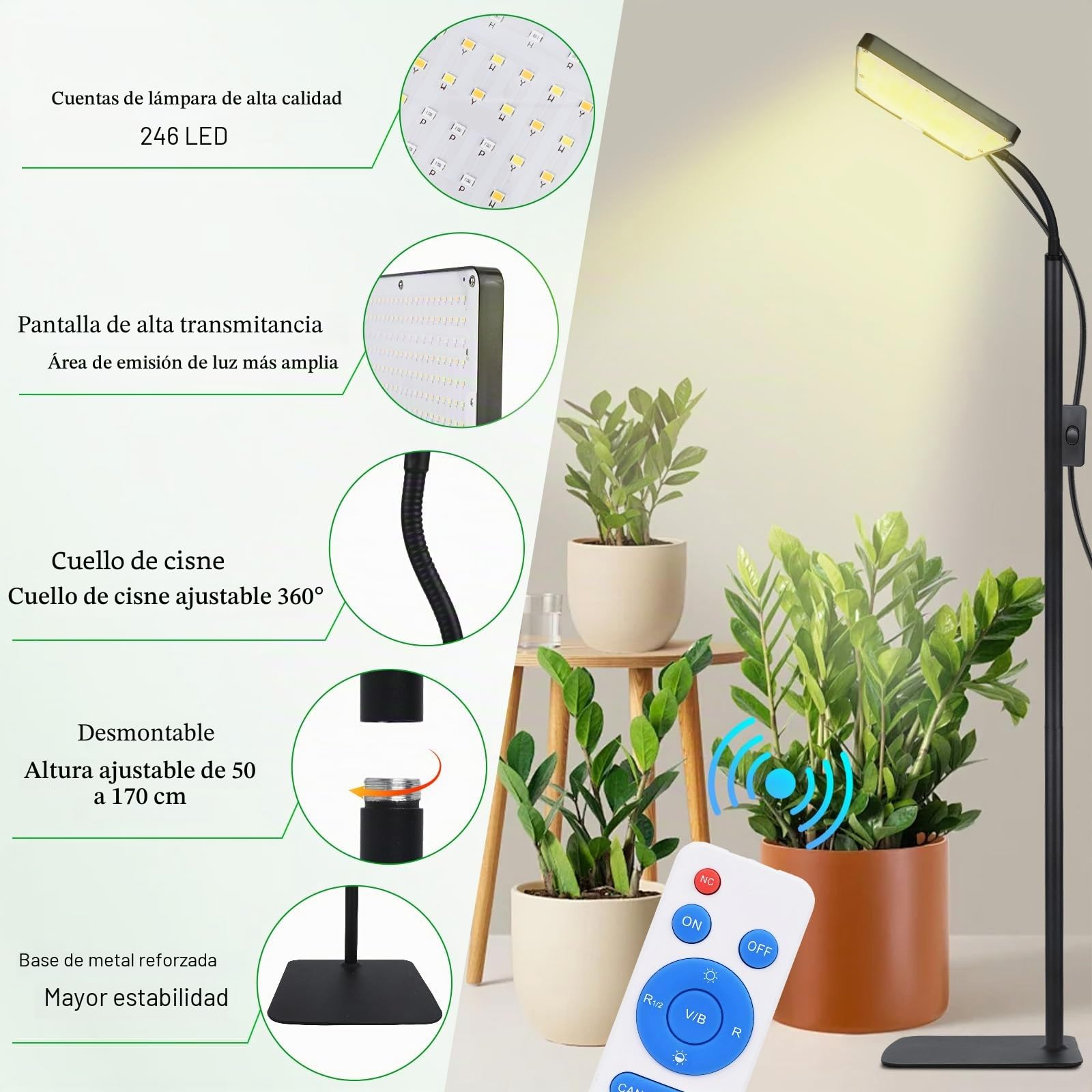 Lámpara de Planta, 246 LEDs Luces de Crecimiento de Espectro Completo, 45-160cm Ajustable en Altura, con Temporizador 4/8/12H, 120 Lúmenes, para Plantas de Interior
