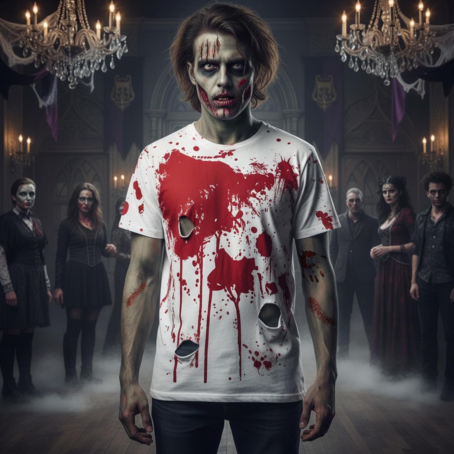 Outus Halloween Blood Splatter T-Shirt with 7 Sheet Blood Tattoo Stickers, Scary Halloween Bloodstained Horror Costume Accessories Kit for Adult Party Cosplay Masquerade Prank Makeup Props(X-Large)