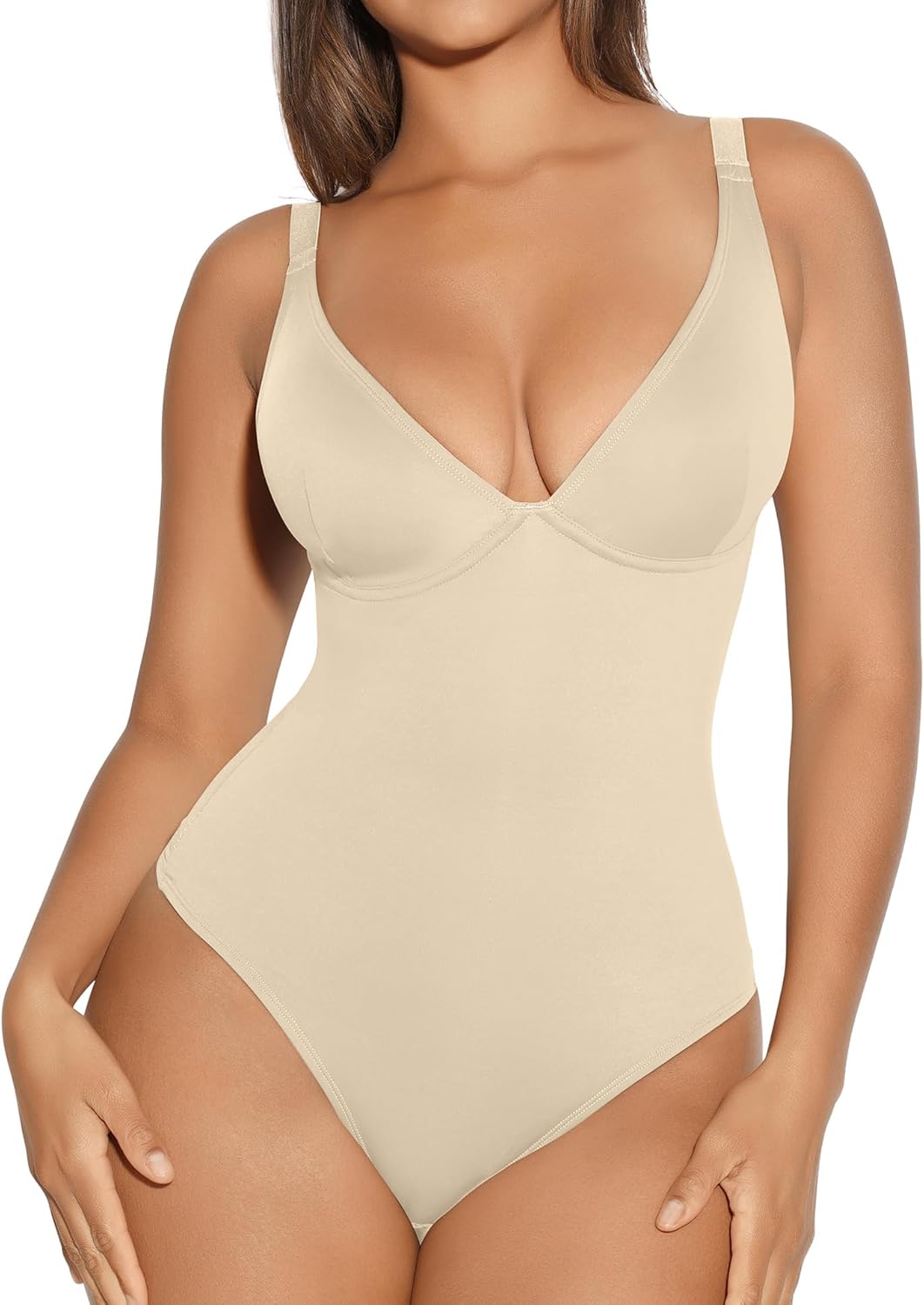 FeelinGirl Shapewear Bodysuits for Women Tummy Control Body Suits Deep V Neck Thong Body Shaper