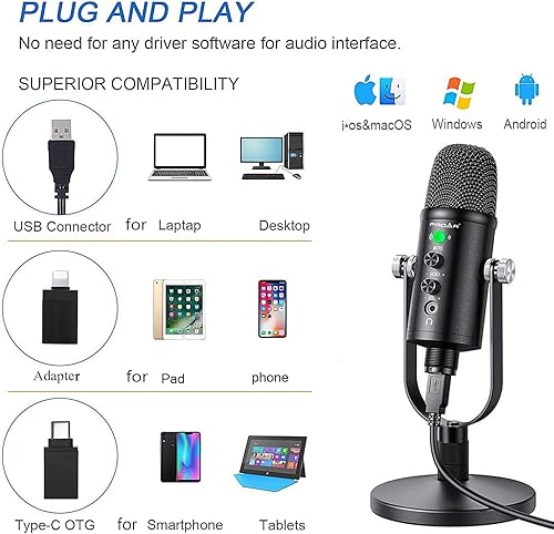 Miniatura 3 de Micrófono para podcast, kit de micrófono USB para teléfono, PCMicroMacAndroid, micrófono profesional de estudio Plug & Play con soporte para juegos,