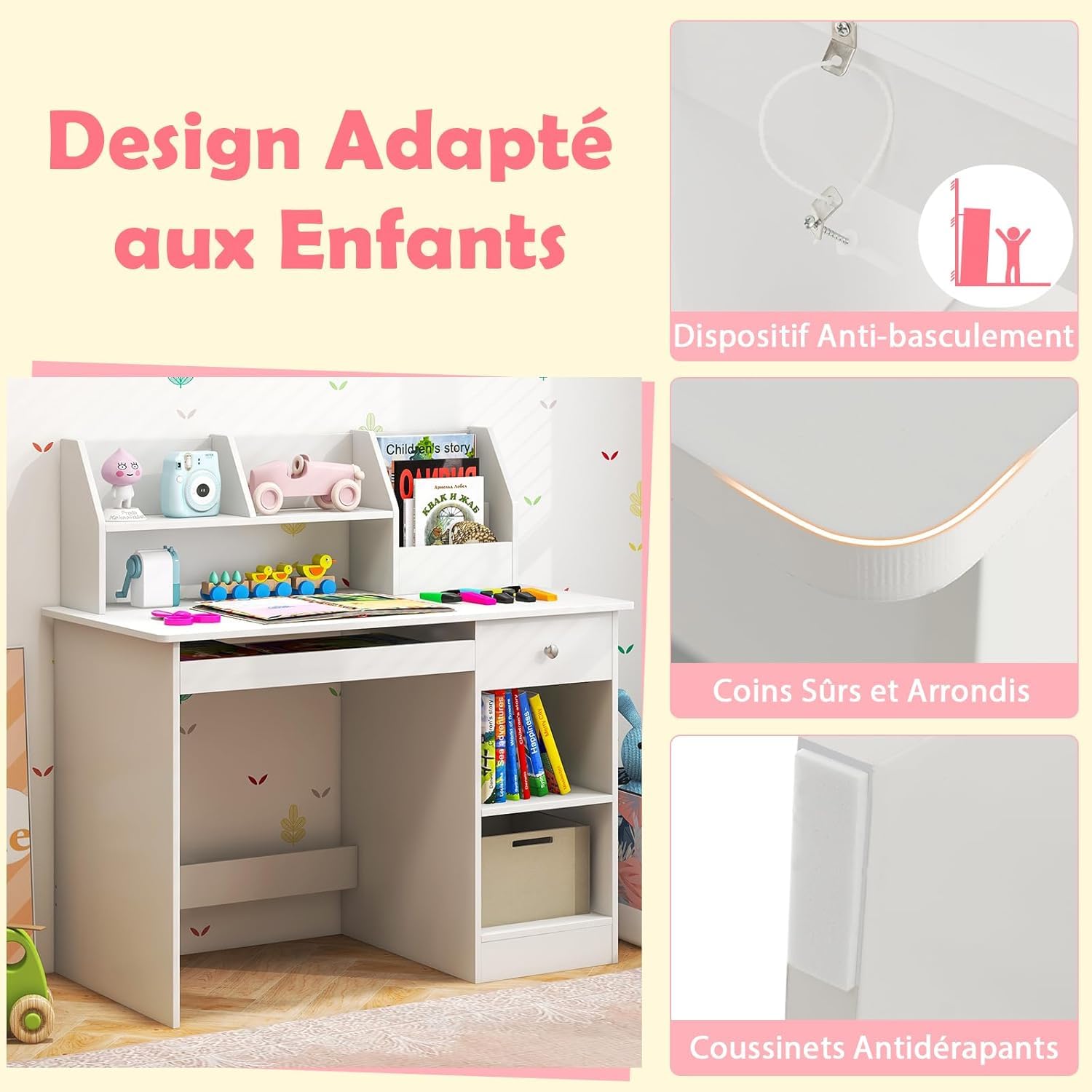GOPLUS Bureau Enfant Fille Garcon, 3 en 1 Bureau Enfant avec Rangement, avec 1 Tiroir 2 Étagères, Table Enfant en Bois avec Plateau à Clavier, 90X45X90CM (Blanc)