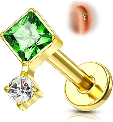 COCHARM 16G Titanium Flat Back Helix Piercing Jewelry Gold Emerald Green Gem Square Design Threadless Cartilage Conch Earring Stud, 8mm Gold Tone Lip Labret Jewelry