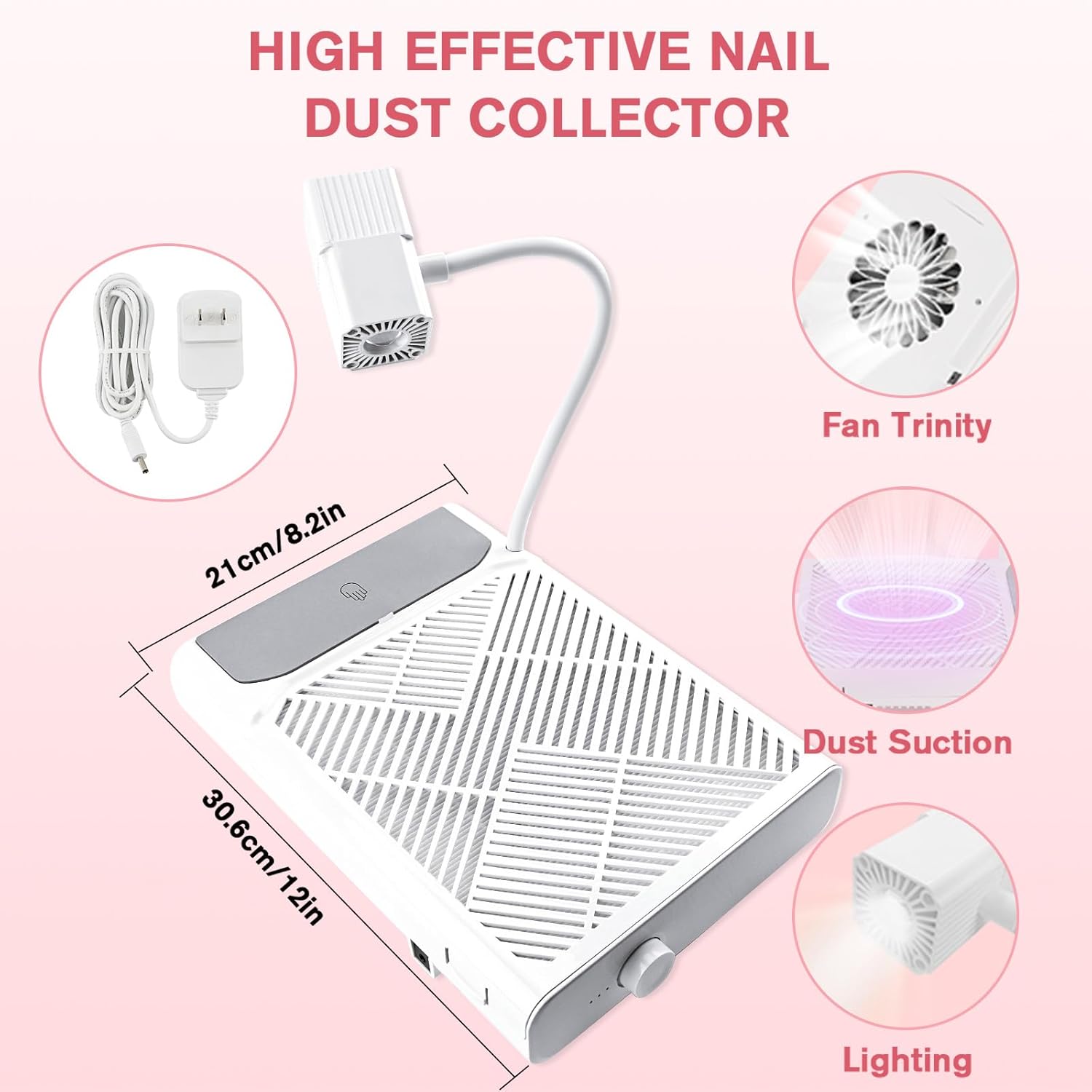 EBANKU Nail Dust Collector, Rechargeable Portable Dust Collector Nail Tech with Lamp, Reusable Filter, Powerful Dust Suction Machine for Acrylic Gel Nails Polishing, Low Noise, Salon Home