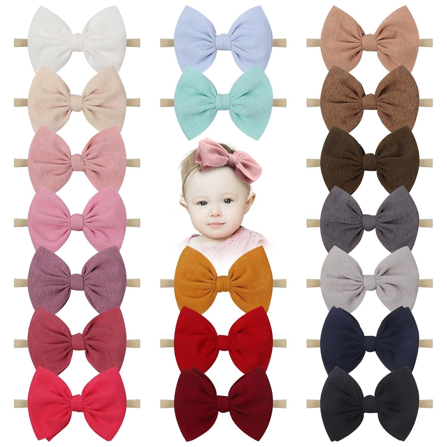 4.5 inches Hand-made Baby Bow Nylon Stretchy Headband Colorful Pack of 19 for Newborn Infant Toddler Hair Accessories
