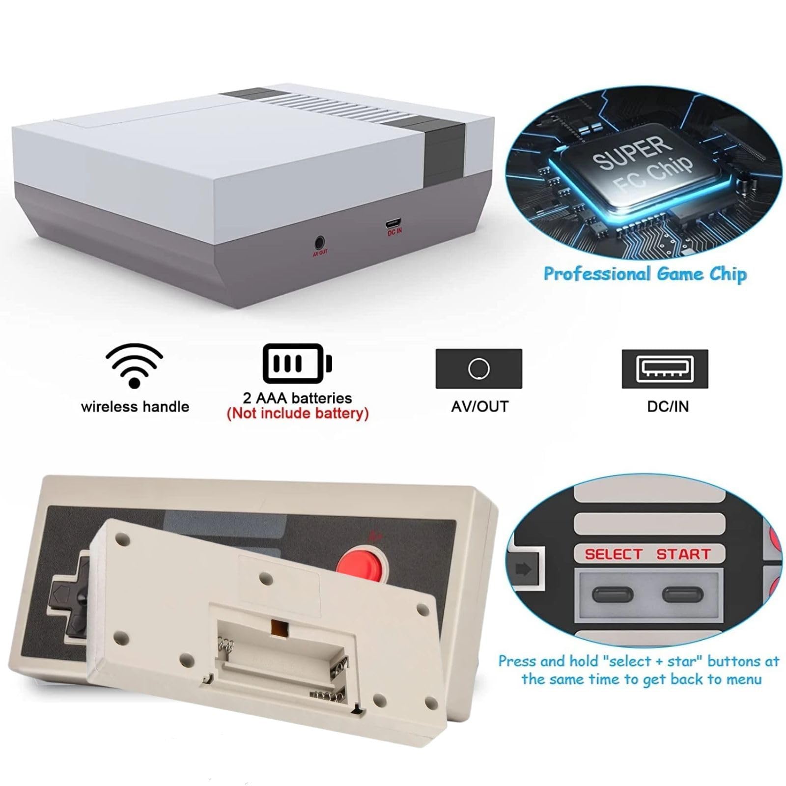 Console di gioco retrò, mini console di gioco classica, uscita AV e HDMI, sistema di gioco portatile con doppio controller wireless, plug and play. (bianco grigiastro)
