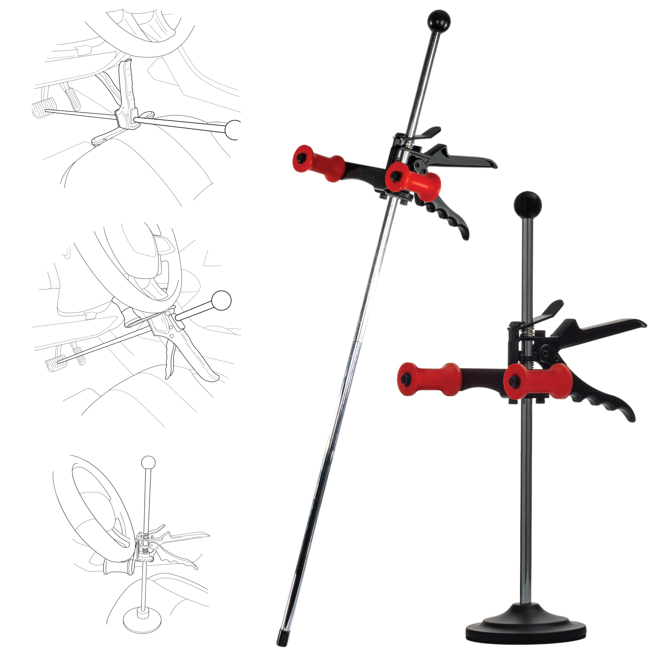 Brake Pedal Depressor and Steering Wheel Holder Set, 28 inch Reach, Fits 8 to 15 inch Steering Wheels - DIY Automotive Wheel Alignment Tool, No Helper Needed