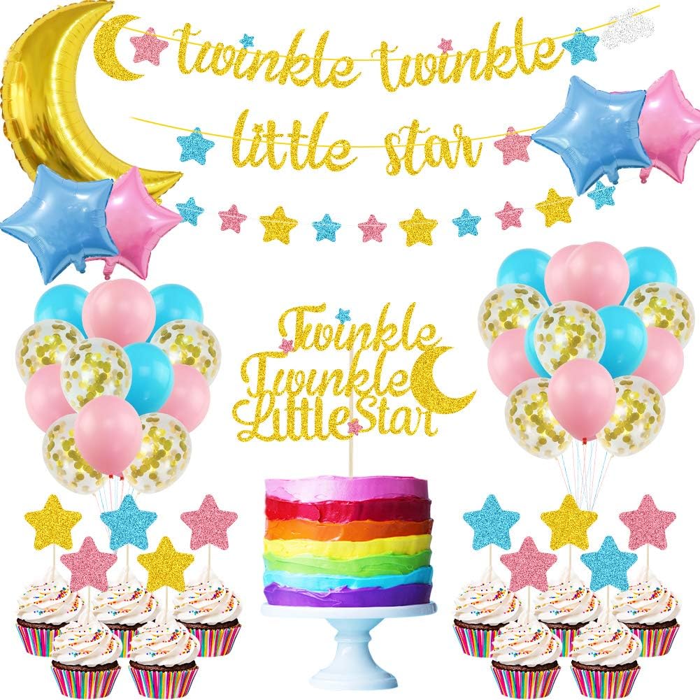 K KUMEED Twinkle Twinkle Little Star Party Decorations, Moon and Star Balloons, Pink Blue Gold Star Moon Cake Topper for Gender Reveal Boy or Girl Baby Shower Birthday Party Supplies