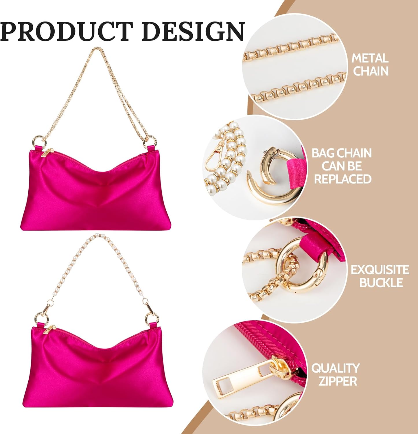 Women’s Satin Evening Bag Clutch Purse Handbag for Women Wedding Shoulder Bag with 2 Chains for Formal Cocktail Party - Image 4