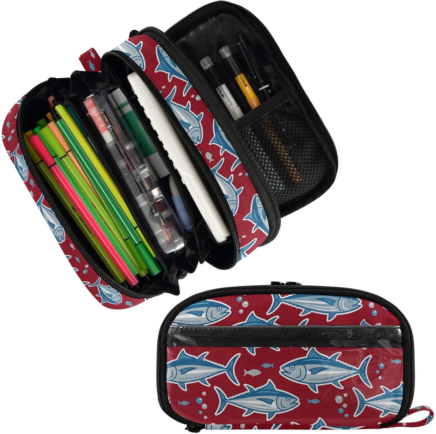 ALAZA Tuna Pattern Large Capacity Pencil Case, Aesthetic Stationery Organizer Bag with Clear PVC Window, High Capacity Pen Pouch with Dividers for School Office Travel image 2