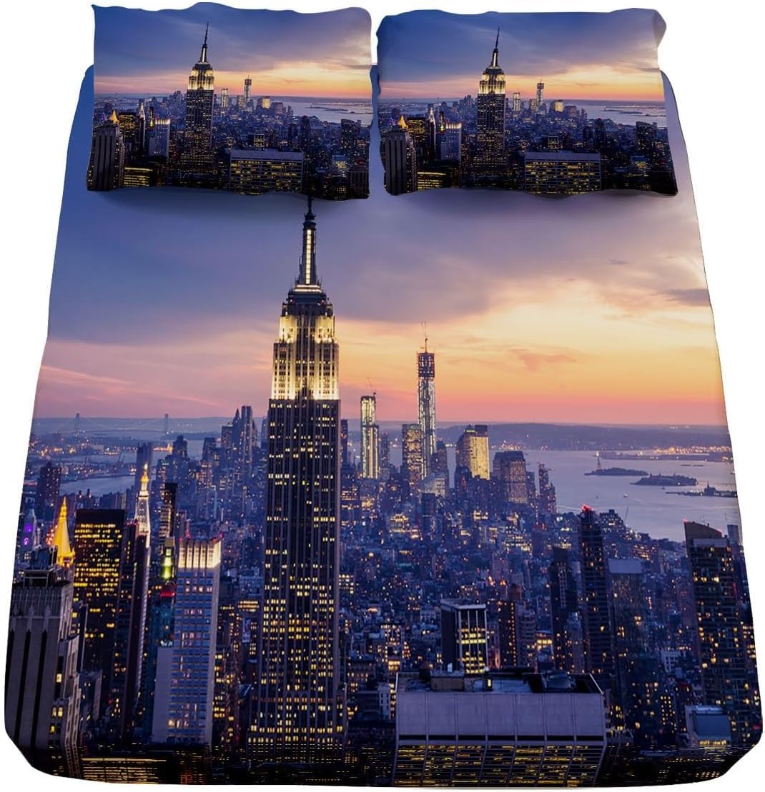 Drap Housse 180x200 New York, 3D Drap-Housse New York Drap Poche Profonde 30 cm, Draps Housse Microfibre, 2 Taies d'oreillers, pour Matelas éPais ii1110