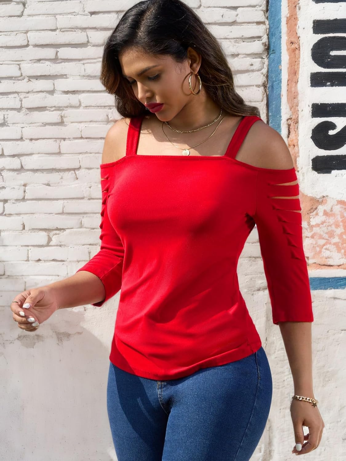 Bellelily Womens Cold Shoulder Tops Ladder Cut Out Shirt Square Neck Half Sleeve Blouses Sexy Casual Summer 2025 - Image 4