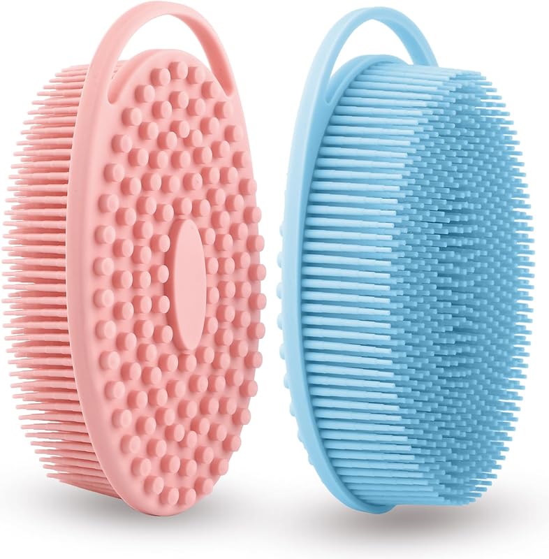 Escova corporal de silicone dupla face tuzuxcux, azul e rosa, pacote com 2
