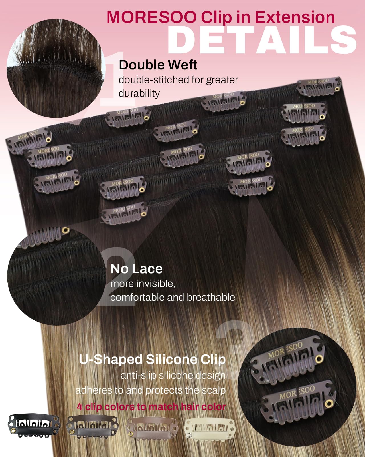 Moresoo Clip in Hair Extensions Real Human Hair Balayage Medium Brown and Blonde Real Hair Extensions Clip in Human Hair for Women Full Head 22 Inch 7pcs/120g #4/6/613 — view 183