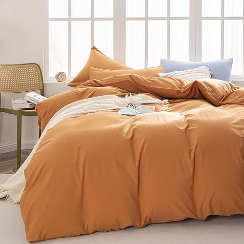 Miniatura 6 de Funda de edredón naranja quemado, tamaño Queen, 100% algodón lavado con textura similar al lino para todas las estaciones, juego de ropa de cama