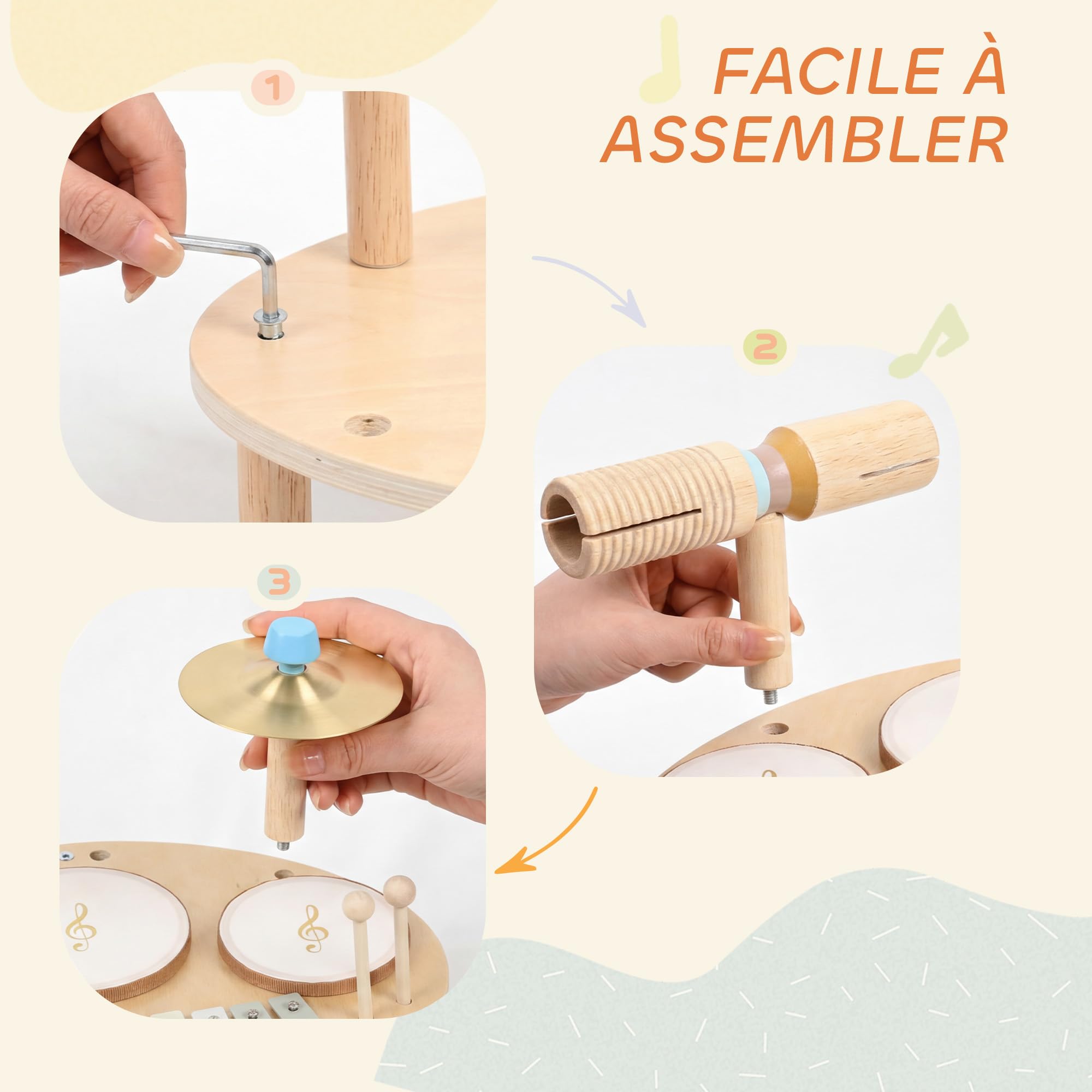 AIYAPLAY Jeux de Tambours pour Bébé avec Xylophone pour Tout-Petits 2+ Ans | Tambour Bébé, Instruments de Musique pour Enfants en Bois, Cadeaux de Garçons et Filles, Bois Naturel