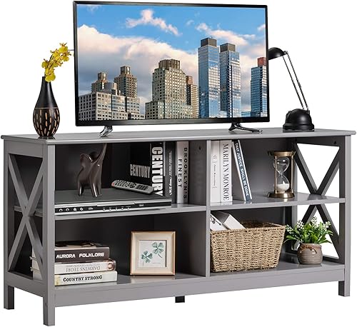 Tangkula Soporte de TV para televisores de hasta 55 pulgadas, centro de entretenimiento de granja de 47 pulgadas con 4 estantes abiertos y agujeros