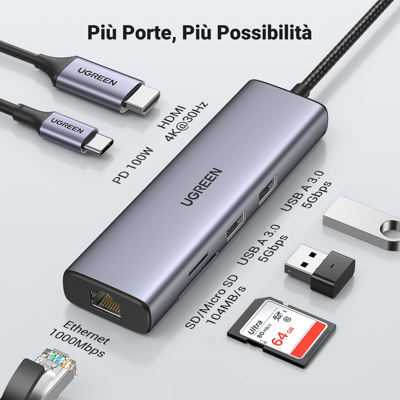 UGREEN Hub USB C Ethernet Gigabit HDMI 4K PD 100W 7 in 1 Dock Station Adattatore USB C Lettore di schede SD Compatibile con iPhone 15 Galaxy S24 Ultra MacBook Air Pro M2 M1 iPad Pro Surface Steam Deck