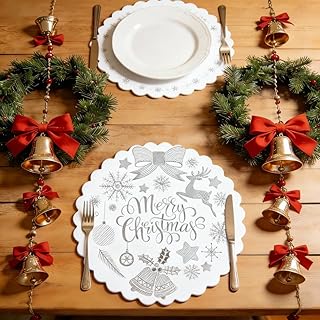 Christmas Placemats Set of 6 Bell Holiday Waterproof PVC Vintage Party Housewarming Table Mats for Dinner Table Indoor and Outdoor Decoration(Silver)
