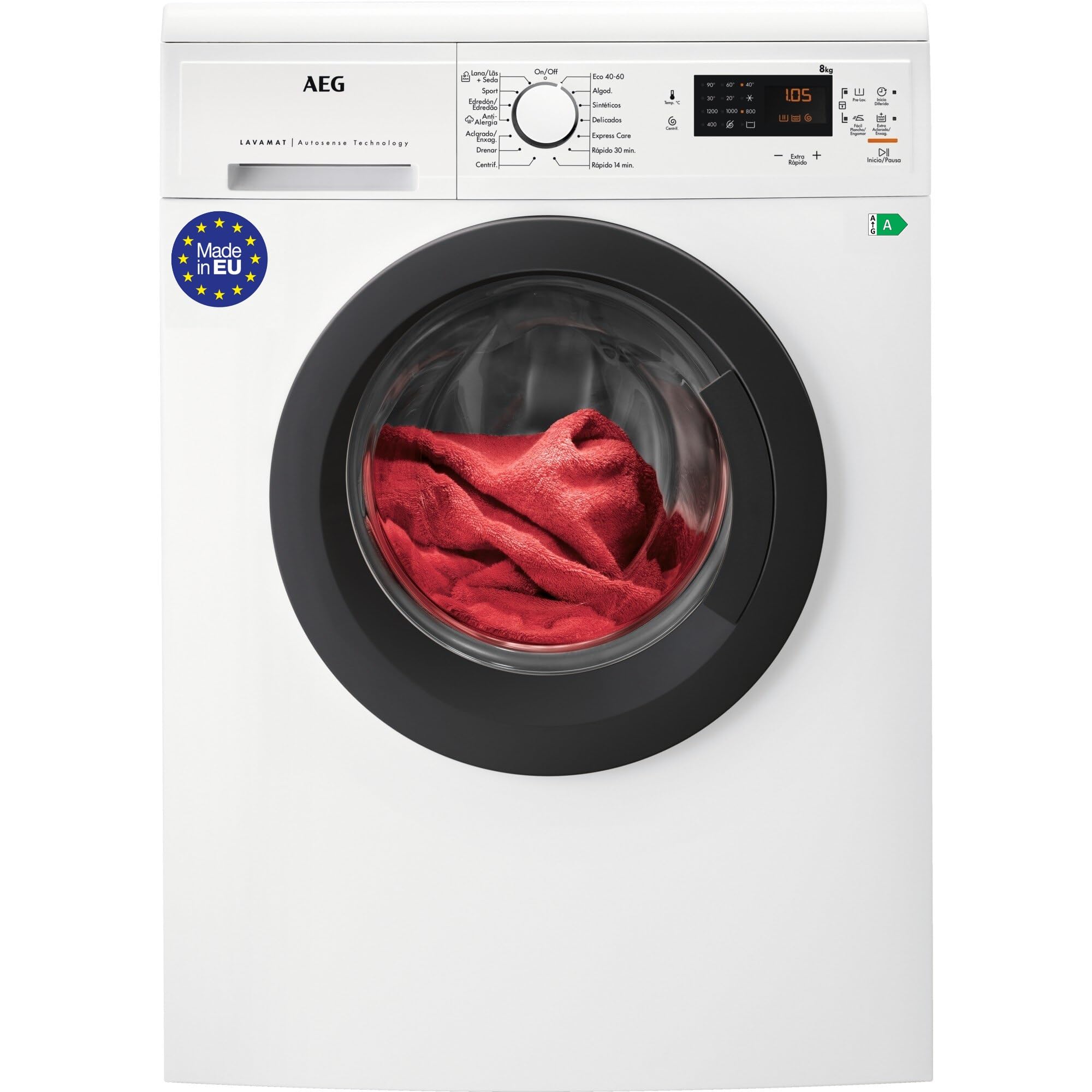 AEG Lavadora de Carga Frontal 8 Kg LFA5I82RE, 1200rpm, Libre Instalación, Tecnología ProSense, Motor Invert, Programa Rápido, Tapa Extraíble, Blanca/Negro, Clase A, Fabricado en UE Etiqueta Energética