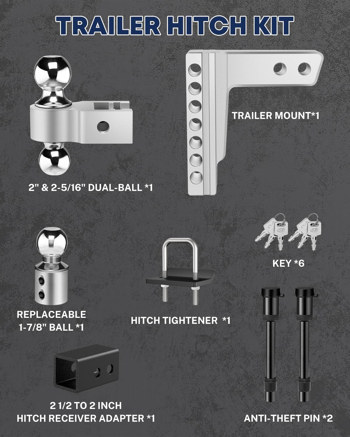 Kohree 6" Adjustable Trailer Hitch Kit Fit 2" & 2.5" Receiver, Drop Hitch with 3 Ball 1-7/8", 2", 2-5/16", 12500 LBS GTW Heavy Duty Tow Hitch with Anti-Theft Pins for Class III & IV Vehicles