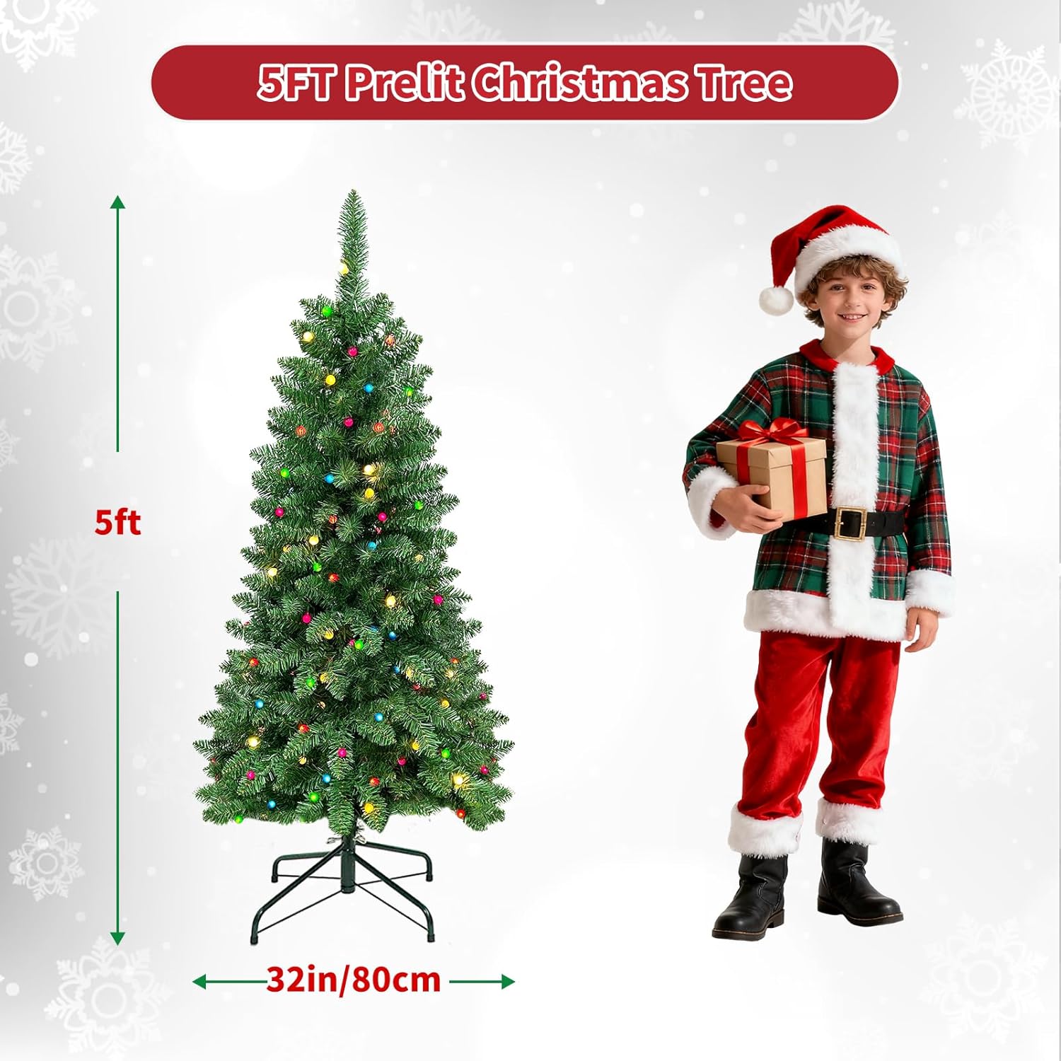 QBA 5FT Pre-Lit Christmas Tree, Artificial Christmas Tree with 420 PVC Branch Tips, 150 Multi-Color Lights, Fake Xmas Tree for Home Office Party Decoration, Green