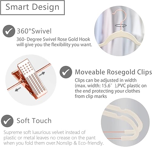 Miniatura 3 de MIZGI Perchas de terciopelo prémium para pantalones con clips (paquete de 20) perchas delgadas para faldas, perchas antideslizantes de fieltro para