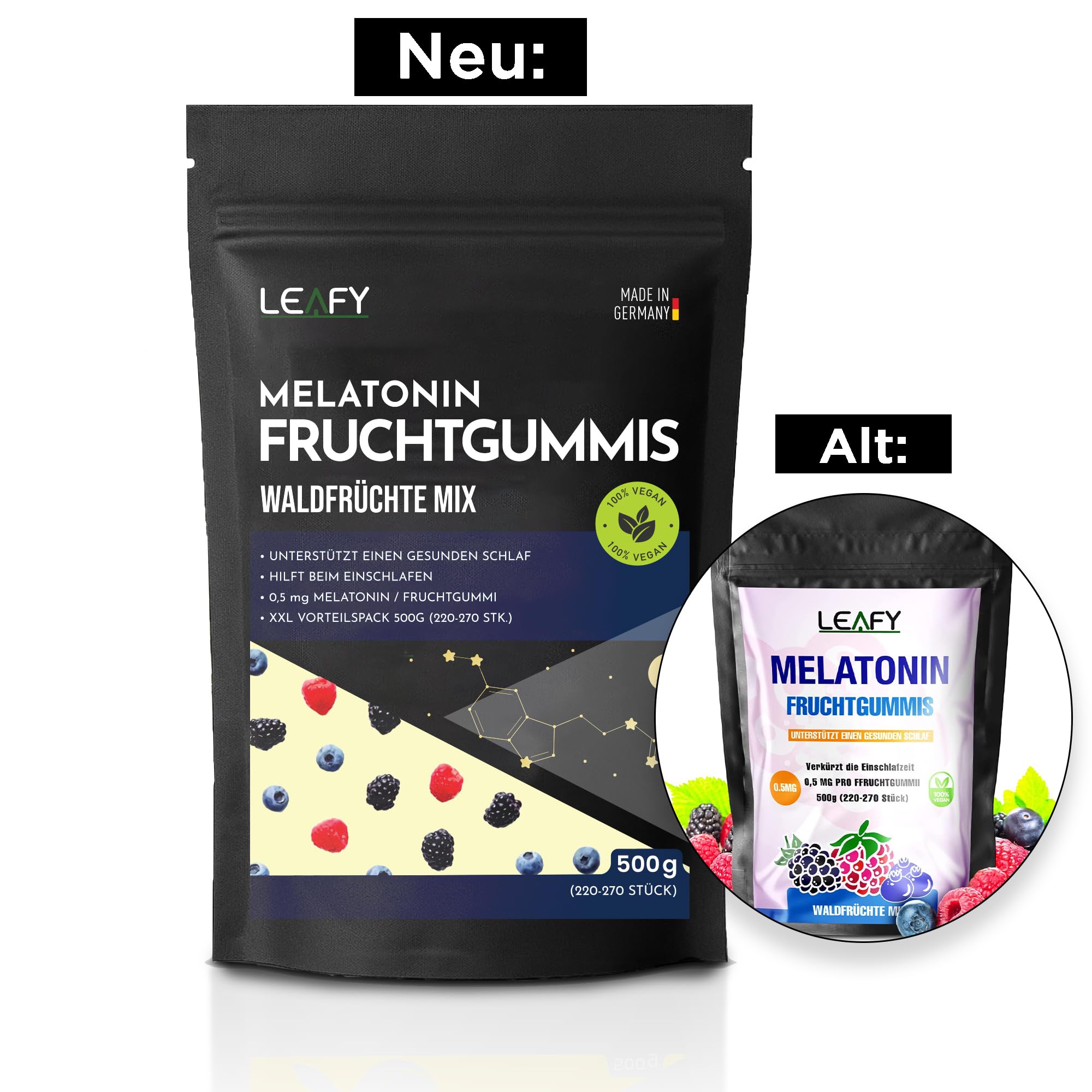 Melatonin Fruchtgummis | Hochdosiert| XXL Packung 220-270 Stk. 500g | Leckerer Waldfrüchtemx -Made in Germany