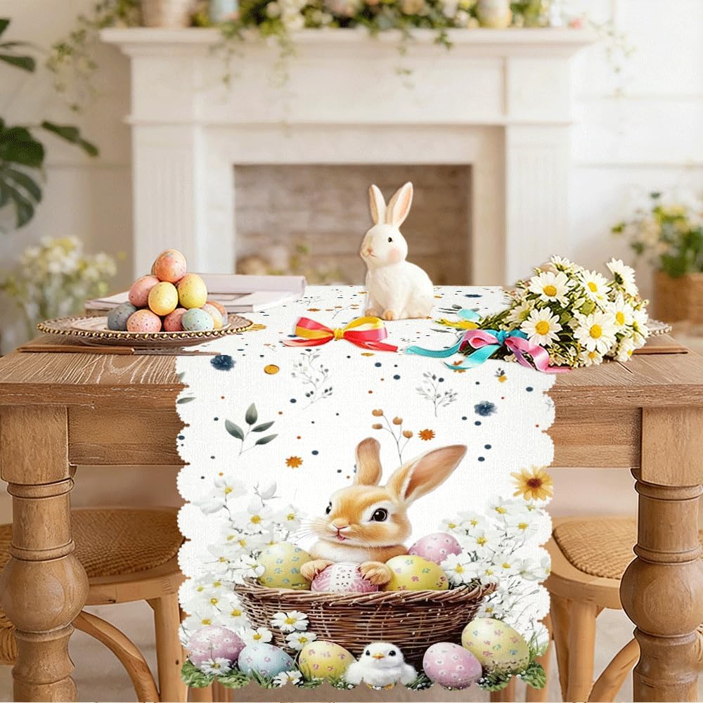 Rabbit Easter Table Runner, Includes Six Round Rabbit-Patterned Placemats, Spring Rabbit and Flower Pattern, Easter Home Kitchen Dining Table Decoration Non-Paper doilies