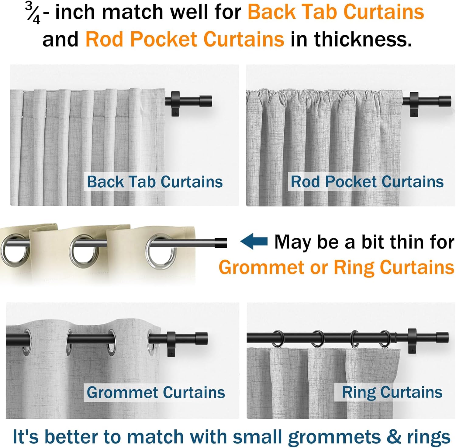 Adjustable Curtain Rod 126-155" in Length, 3/4-inch Black Curtain Pole for Windows, Versatile Drapery Rods Easy to Install in Any Room & Outdoor Patio