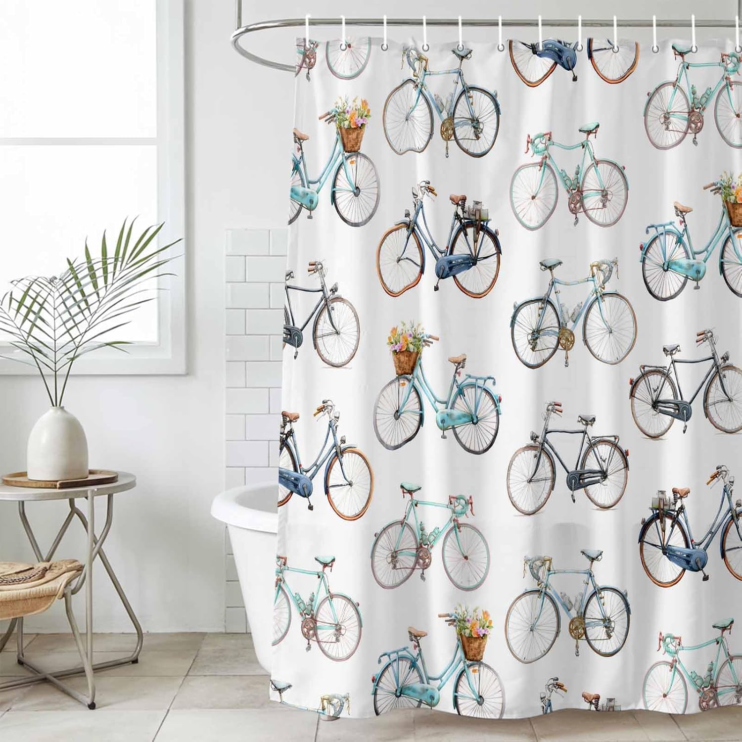 Bicycles Waterproof Shower Curtains Set - Standard Shower Curtain 72 x 72 Inch, White Vintage Vehicle Modern Abstract Art Fabric Bathroom Curtain with 12 Hooks, Bathroom Accessories image 4