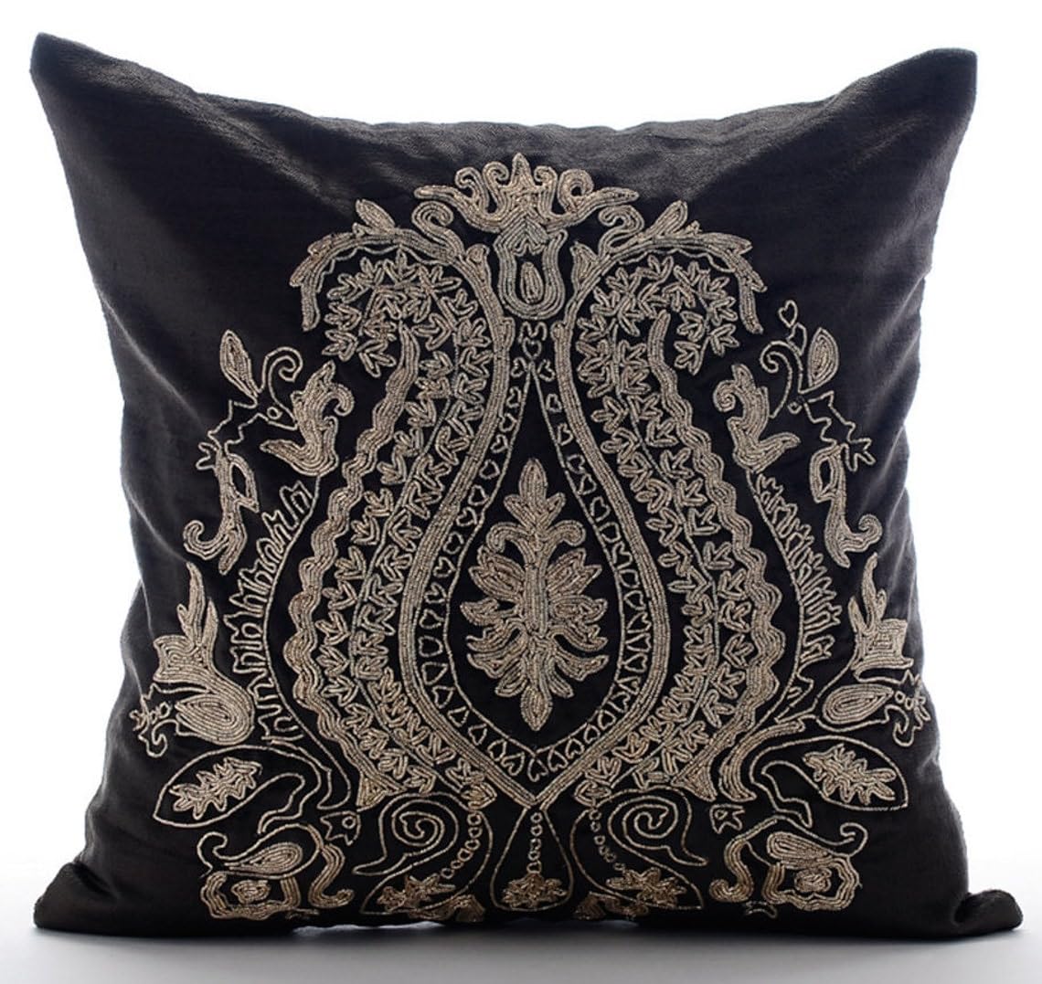 The HomeCentric Pack of 2, 55x55 cm (22x22 inch) Cushion Cover, Charcoal Grey Decorative Cushion Cover, Zardozi Indian Paisley Antique Traditional Cushions Cover Velvet Square Throw - Magestic Gold โ image 1